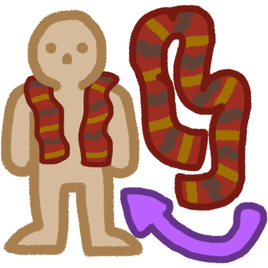 on the left is a person wearing a red, yellow, and brown scarf, on the right is the same scarf not being worn, under the scarf is a purple arrow pointing to the person wearing it